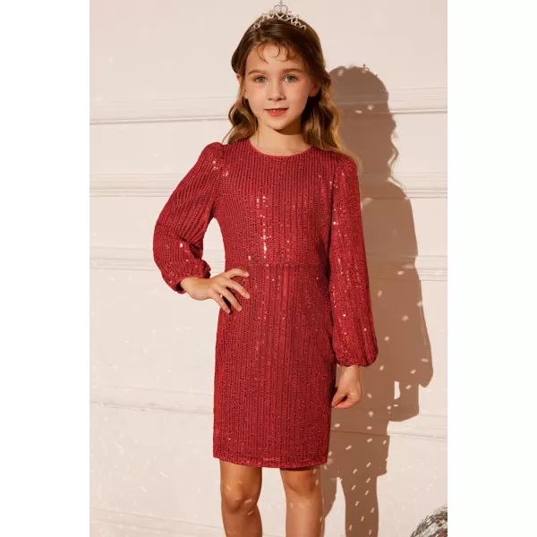 GRACE KARIN Girls Sparkly Sequin Dress Long Sleeve Bodycon Fancy Party Dress 512YRed