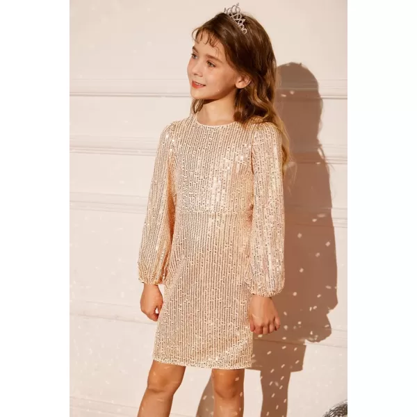 GRACE KARIN Girls Sparkly Sequin Dress Long Sleeve Bodycon Fancy Party Dress 512YRose Gold