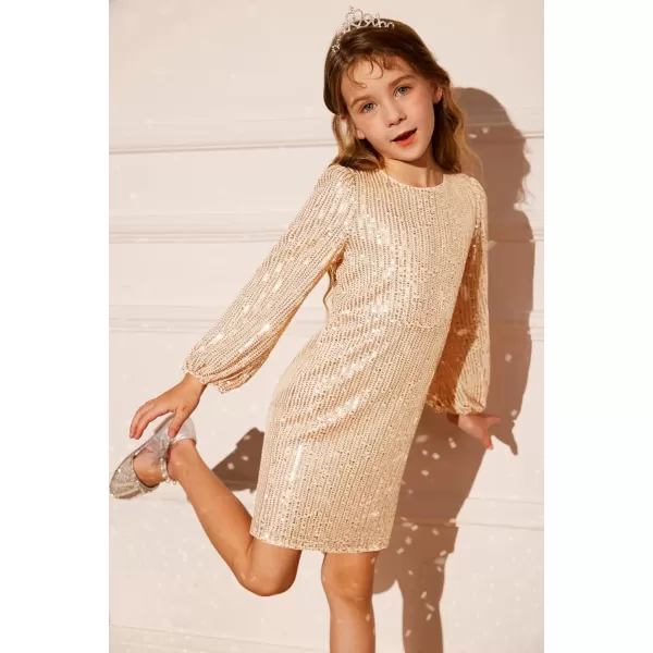 GRACE KARIN Girls Sparkly Sequin Dress Long Sleeve Bodycon Fancy Party Dress 512YRose Gold