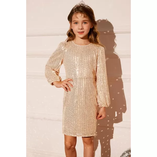 GRACE KARIN Girls Sparkly Sequin Dress Long Sleeve Bodycon Fancy Party Dress 512YRose Gold