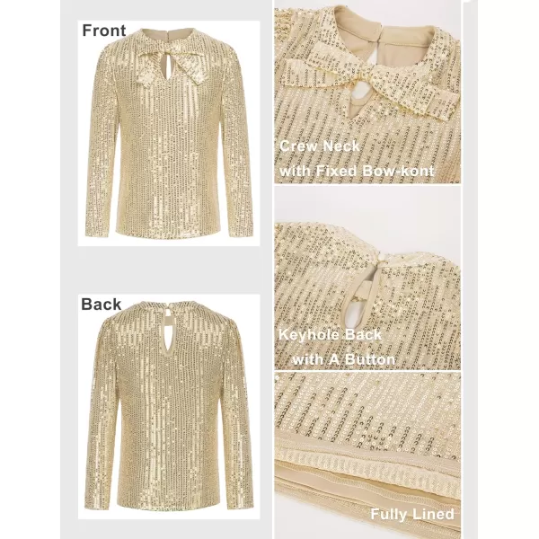 GRACE KARIN Girls Sparkly Sequin Tops Long Sleeve Crew Neck Glitter Blouse Shirt with Fixed Bowknot for PartyGold