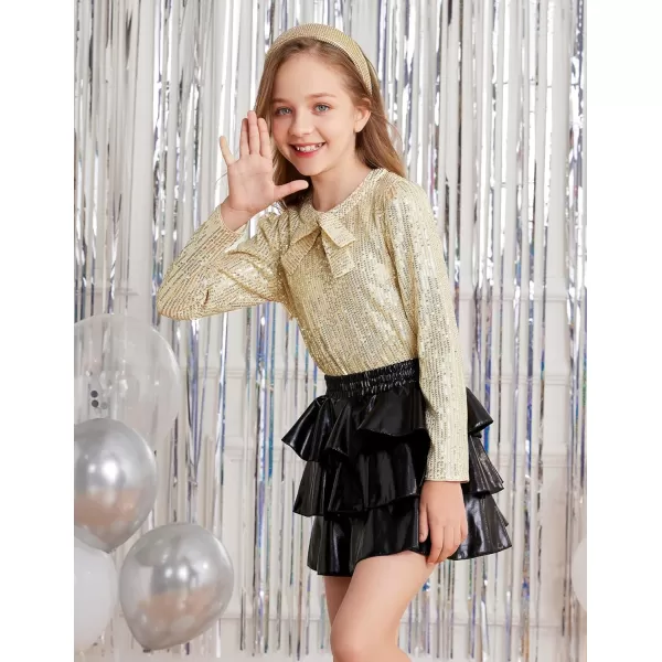 GRACE KARIN Girls Sparkly Sequin Tops Long Sleeve Crew Neck Glitter Blouse Shirt with Fixed Bowknot for PartyGold