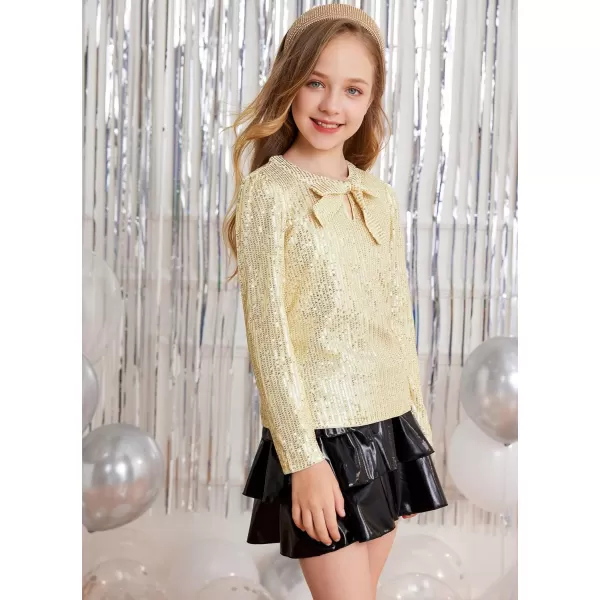 GRACE KARIN Girls Sparkly Sequin Tops Long Sleeve Crew Neck Glitter Blouse Shirt with Fixed Bowknot for PartyGold
