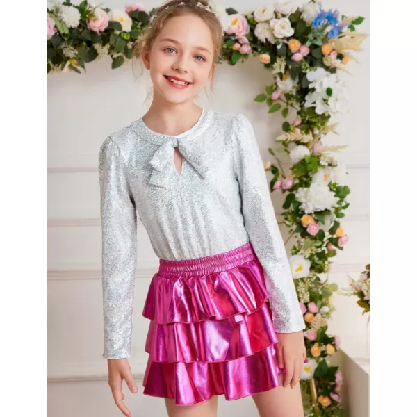 GRACE KARIN Girls Sparkly Sequin Tops Long Sleeve Crew Neck Glitter Blouse Shirt with Fixed Bowknot for PartyMulticoloured