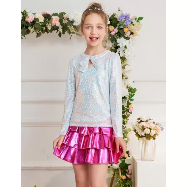 GRACE KARIN Girls Sparkly Sequin Tops Long Sleeve Crew Neck Glitter Blouse Shirt with Fixed Bowknot for PartyMulticoloured