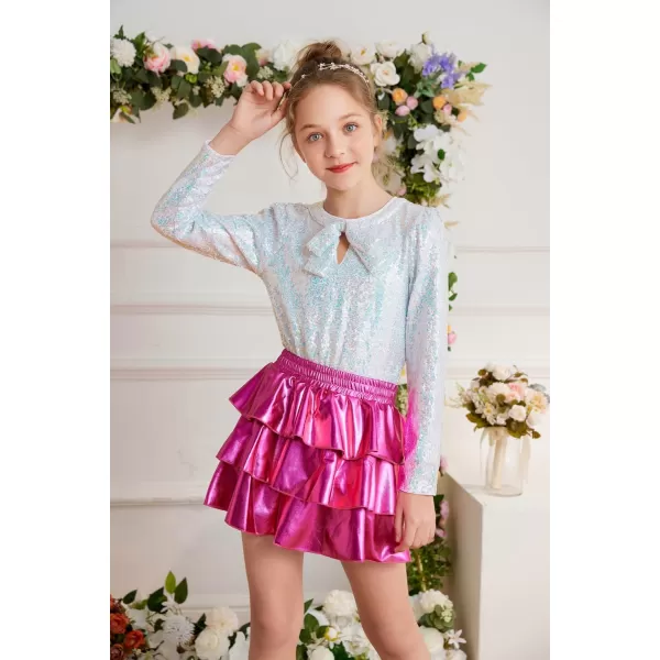 GRACE KARIN Girls Sparkly Sequin Tops Long Sleeve Crew Neck Glitter Blouse Shirt with Fixed Bowknot for PartyMulticoloured