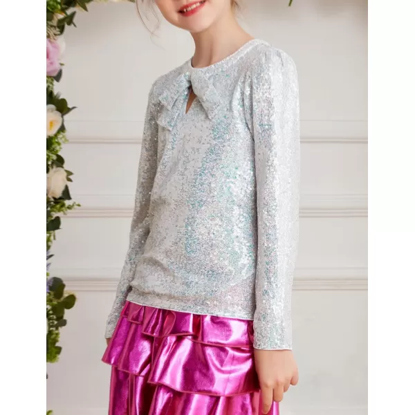 GRACE KARIN Girls Sparkly Sequin Tops Long Sleeve Crew Neck Glitter Blouse Shirt with Fixed Bowknot for PartyMulticoloured