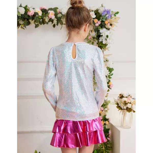 GRACE KARIN Girls Sparkly Sequin Tops Long Sleeve Crew Neck Glitter Blouse Shirt with Fixed Bowknot for PartyMulticoloured