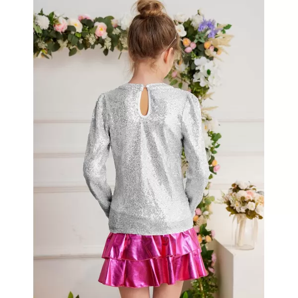 GRACE KARIN Girls Sparkly Sequin Tops Long Sleeve Crew Neck Glitter Blouse Shirt with Fixed Bowknot for PartySilver