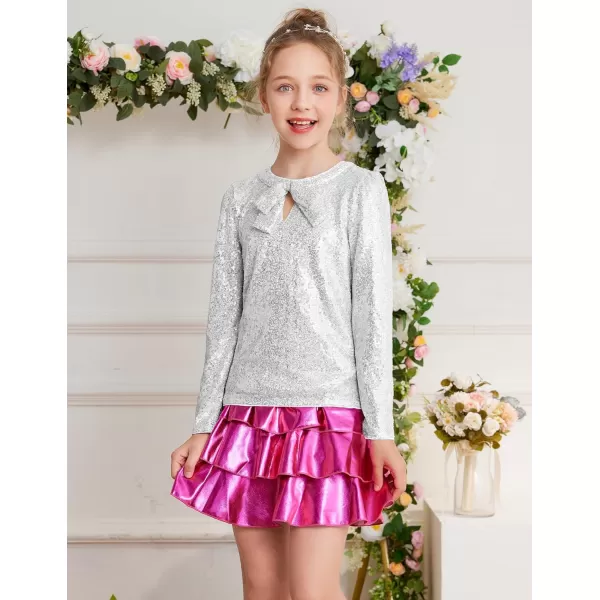 GRACE KARIN Girls Sparkly Sequin Tops Long Sleeve Crew Neck Glitter Blouse Shirt with Fixed Bowknot for PartySilver