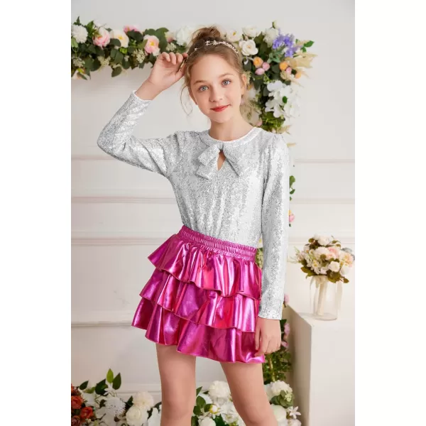 GRACE KARIN Girls Sparkly Sequin Tops Long Sleeve Crew Neck Glitter Blouse Shirt with Fixed Bowknot for PartySilver