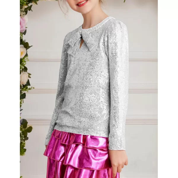 GRACE KARIN Girls Sparkly Sequin Tops Long Sleeve Crew Neck Glitter Blouse Shirt with Fixed Bowknot for PartySilver