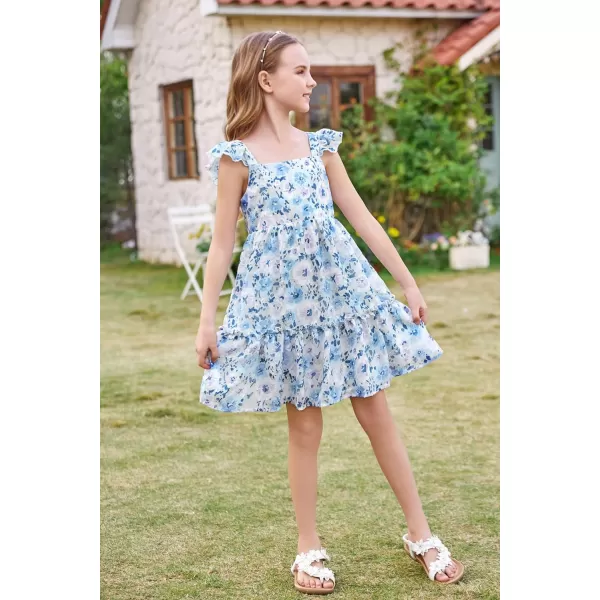 GRACE KARIN Girls Spring Floral Dress Girls Flutter Sleeve Tie Back Summer Dress 512YBlue Floral