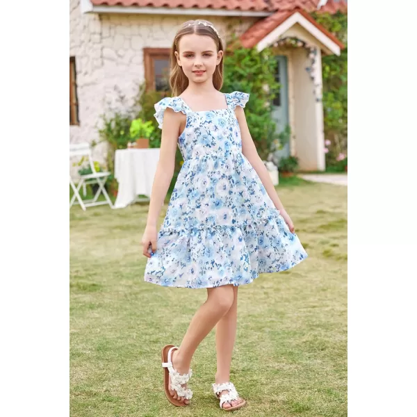 GRACE KARIN Girls Spring Floral Dress Girls Flutter Sleeve Tie Back Summer Dress 512YBlue Floral