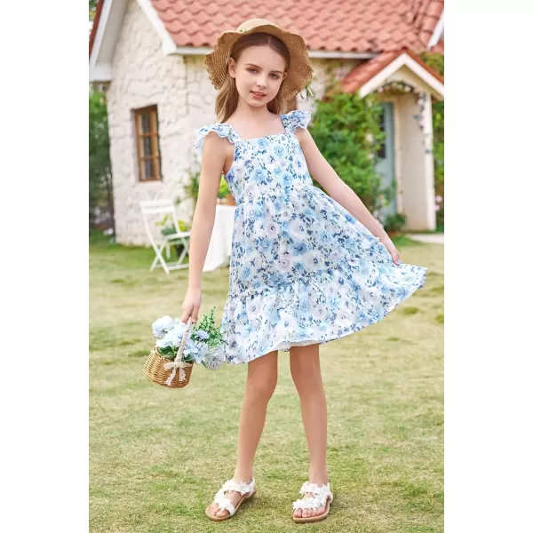 GRACE KARIN Girls Spring Floral Dress Girls Flutter Sleeve Tie Back Summer Dress 512YBlue Floral