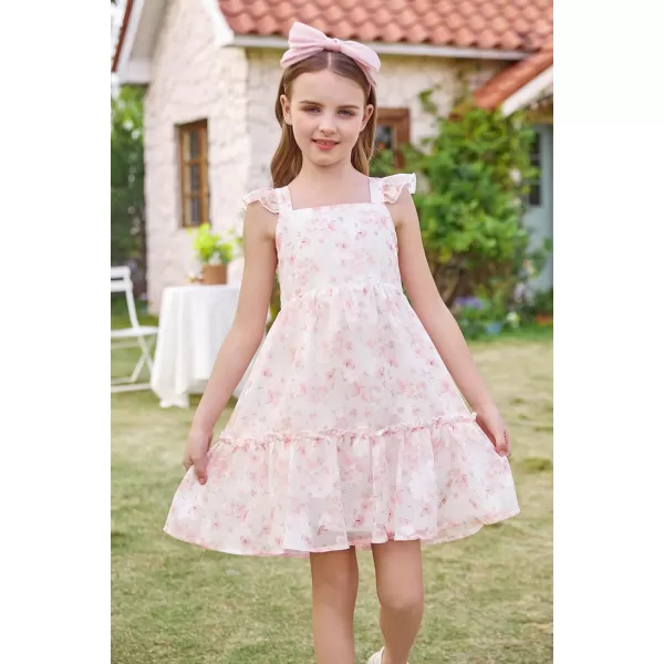 GRACE KARIN Girls Spring Floral Dress Girls Flutter Sleeve Tie Back Summer Dress 512YPink Floral