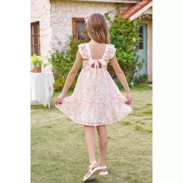 GRACE KARIN Girls Spring Floral Dress Girls Flutter Sleeve Tie Back Summer Dress 512YPink Floral