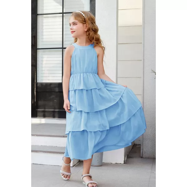 GRACE KARIN Girls Spring Halterneck ThreeLayer Hem Dress Summer Casual Dresses for Girls 514YLight Blue