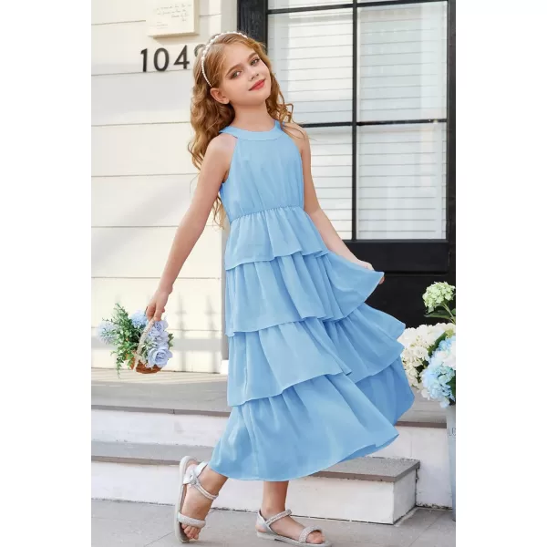 GRACE KARIN Girls Spring Halterneck ThreeLayer Hem Dress Summer Casual Dresses for Girls 514YLight Blue