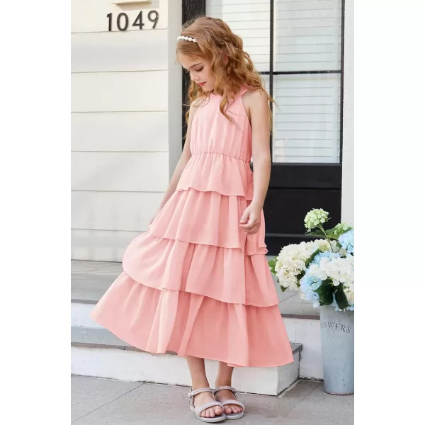 GRACE KARIN Girls Spring Halterneck ThreeLayer Hem Dress Summer Casual Dresses for Girls 514YLight Pink