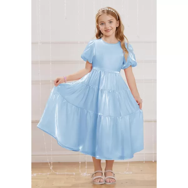 GRACE KARIN Girls Spring Summer Crewneck Short Sleeves Layered Hem Flowing Maxi Dresses 512YLight Blue