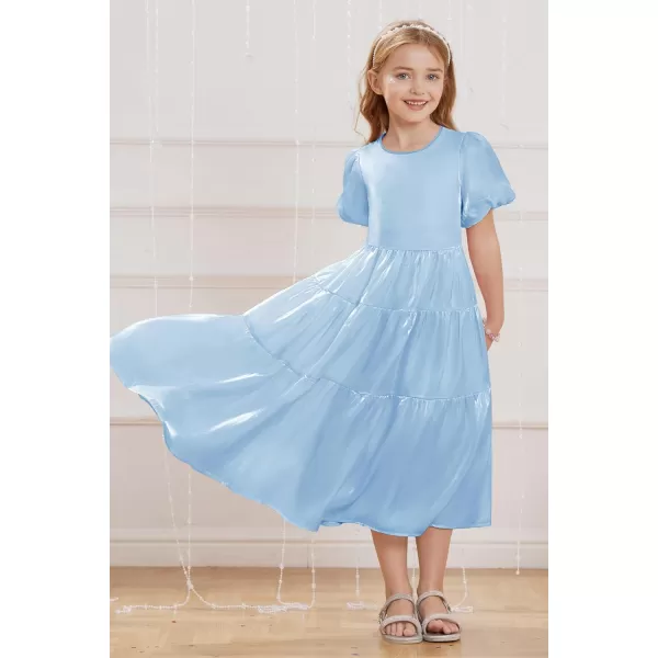 GRACE KARIN Girls Spring Summer Crewneck Short Sleeves Layered Hem Flowing Maxi Dresses 512YLight Blue