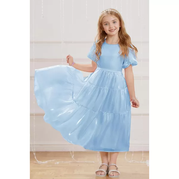 GRACE KARIN Girls Spring Summer Crewneck Short Sleeves Layered Hem Flowing Maxi Dresses 512YLight Blue