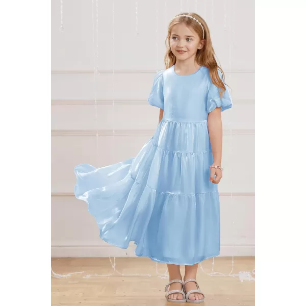 GRACE KARIN Girls Spring Summer Crewneck Short Sleeves Layered Hem Flowing Maxi Dresses 512YLight Blue