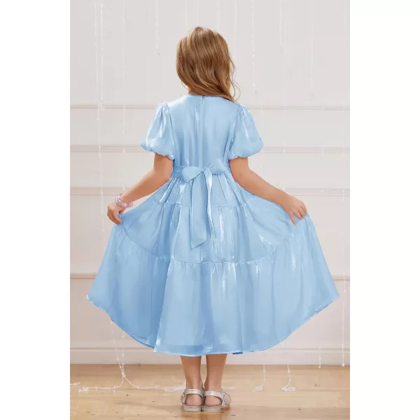 GRACE KARIN Girls Spring Summer Crewneck Short Sleeves Layered Hem Flowing Maxi Dresses 512YLight Blue