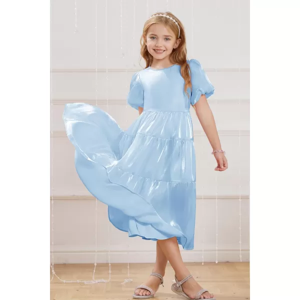 GRACE KARIN Girls Spring Summer Crewneck Short Sleeves Layered Hem Flowing Maxi Dresses 512YLight Blue