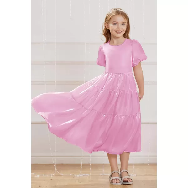 GRACE KARIN Girls Spring Summer Crewneck Short Sleeves Layered Hem Flowing Maxi Dresses 512YLight Pink Purple