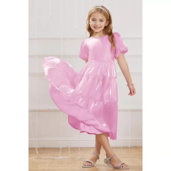 GRACE KARIN Girls Spring Summer Crewneck Short Sleeves Layered Hem Flowing Maxi Dresses 512YLight Pink Purple