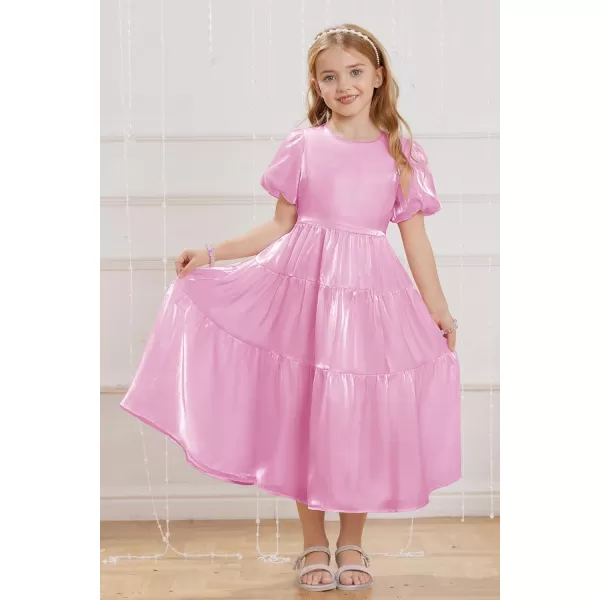 GRACE KARIN Girls Spring Summer Crewneck Short Sleeves Layered Hem Flowing Maxi Dresses 512YLight Pink Purple