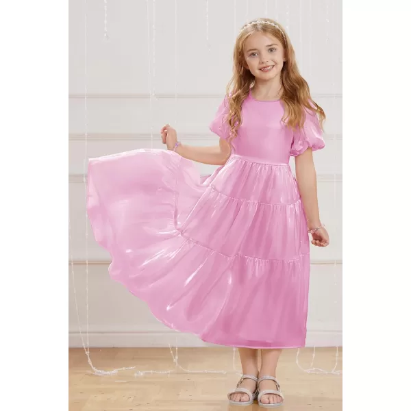 GRACE KARIN Girls Spring Summer Crewneck Short Sleeves Layered Hem Flowing Maxi Dresses 512YLight Pink Purple