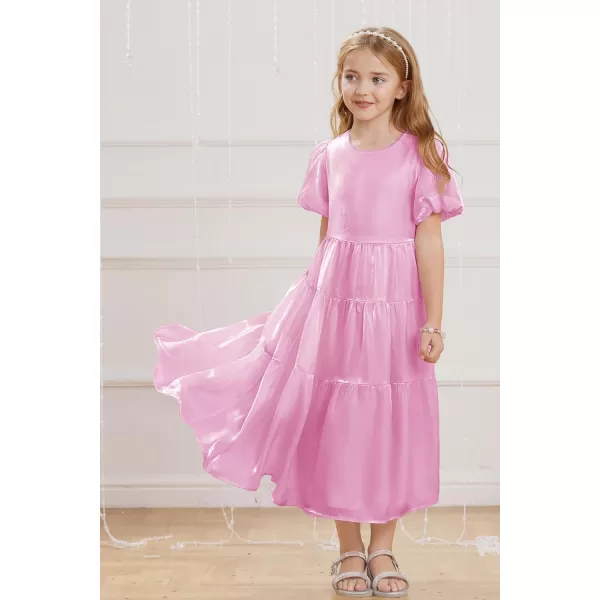 GRACE KARIN Girls Spring Summer Crewneck Short Sleeves Layered Hem Flowing Maxi Dresses 512YLight Pink Purple