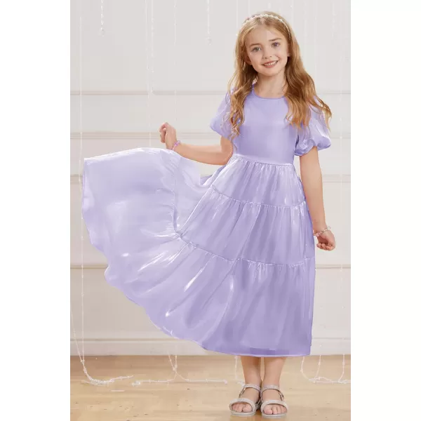 GRACE KARIN Girls Spring Summer Crewneck Short Sleeves Layered Hem Flowing Maxi Dresses 512YLight Purple