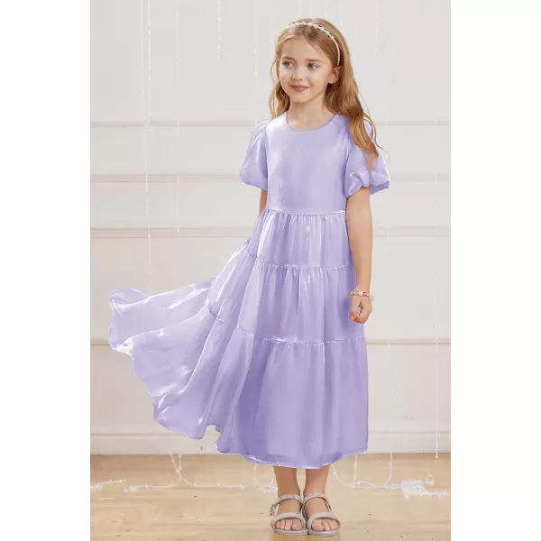 GRACE KARIN Girls Spring Summer Crewneck Short Sleeves Layered Hem Flowing Maxi Dresses 512YLight Purple