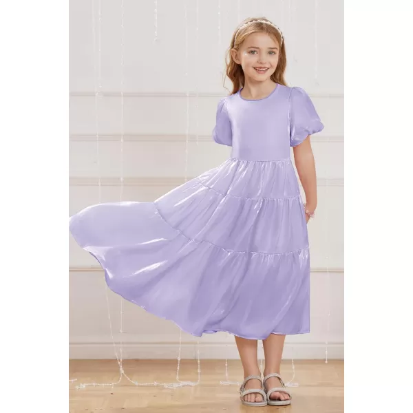 GRACE KARIN Girls Spring Summer Crewneck Short Sleeves Layered Hem Flowing Maxi Dresses 512YLight Purple