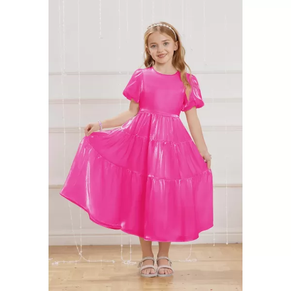 GRACE KARIN Girls Spring Summer Crewneck Short Sleeves Layered Hem Flowing Maxi Dresses 512YRose Red