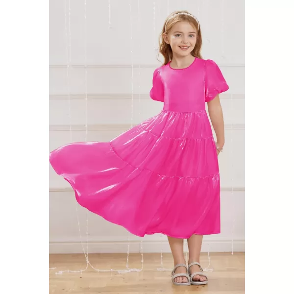 GRACE KARIN Girls Spring Summer Crewneck Short Sleeves Layered Hem Flowing Maxi Dresses 512YRose Red