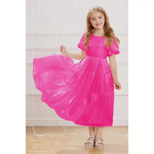 GRACE KARIN Girls Spring Summer Crewneck Short Sleeves Layered Hem Flowing Maxi Dresses 512YRose Red