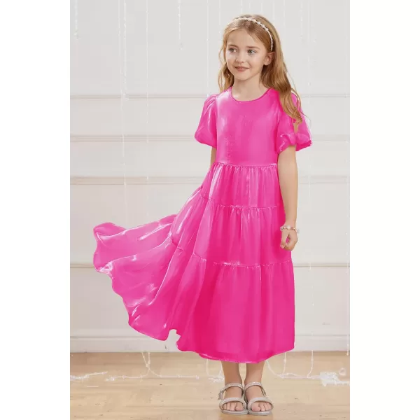 GRACE KARIN Girls Spring Summer Crewneck Short Sleeves Layered Hem Flowing Maxi Dresses 512YRose Red