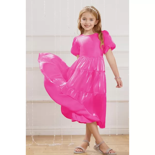 GRACE KARIN Girls Spring Summer Crewneck Short Sleeves Layered Hem Flowing Maxi Dresses 512YRose Red