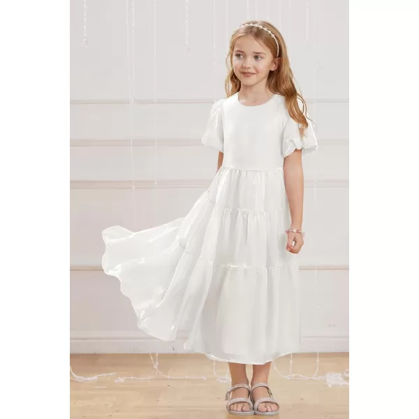 GRACE KARIN Girls Spring Summer Crewneck Short Sleeves Layered Hem Flowing Maxi Dresses 512YWhite