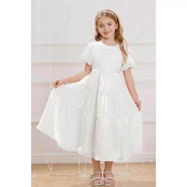 GRACE KARIN Girls Spring Summer Crewneck Short Sleeves Layered Hem Flowing Maxi Dresses 512YWhite