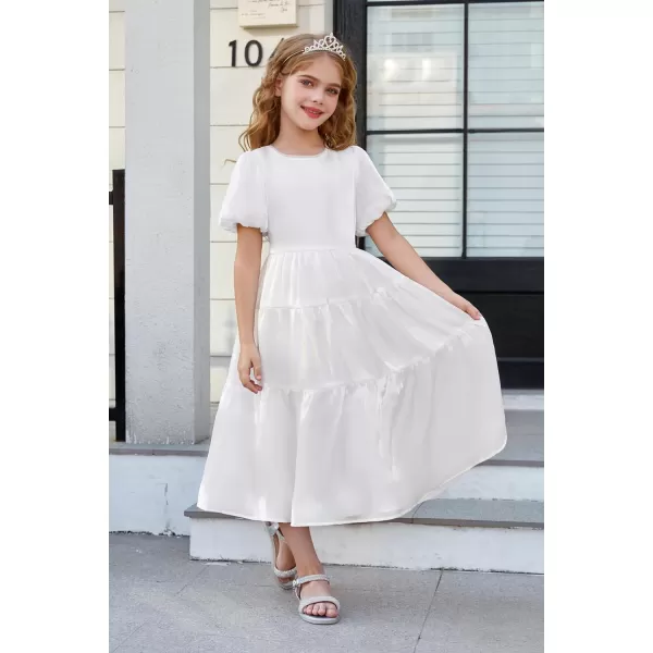 GRACE KARIN Girls Spring Summer Crewneck Short Sleeves Layered Hem Flowing Maxi Dresses 512YWhite