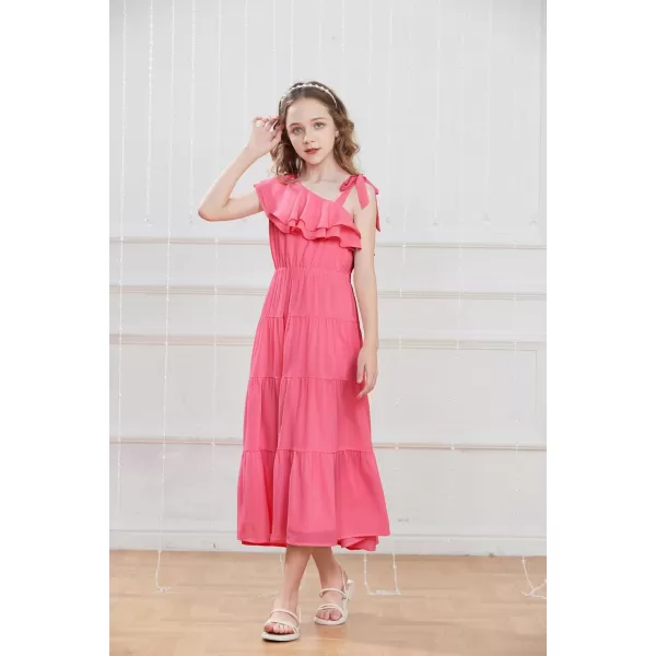 GRACE KARIN Girls Spring Summer One Shoulder Casual Dress Twirly Ruffle Sleeve Formal Dresses Maxi Dress Size 512YHot Pink Long