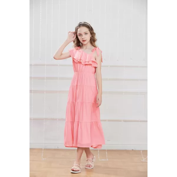 GRACE KARIN Girls Spring Summer One Shoulder Casual Dress Twirly Ruffle Sleeve Formal Dresses Maxi Dress Size 512YPink Long