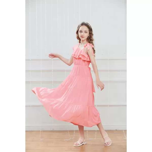 GRACE KARIN Girls Spring Summer One Shoulder Casual Dress Twirly Ruffle Sleeve Formal Dresses Maxi Dress Size 512YPink Long