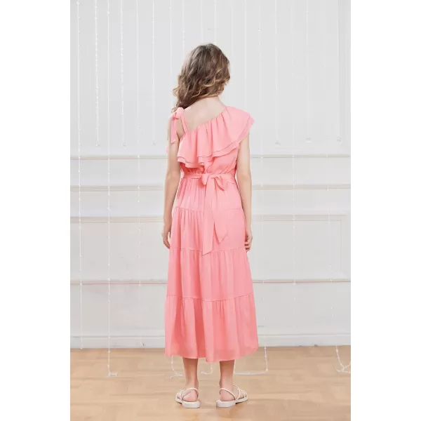 GRACE KARIN Girls Spring Summer One Shoulder Casual Dress Twirly Ruffle Sleeve Formal Dresses Maxi Dress Size 512YPink Long